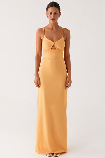 Robe formelle à bretelles spaghetti découpées jaune clair